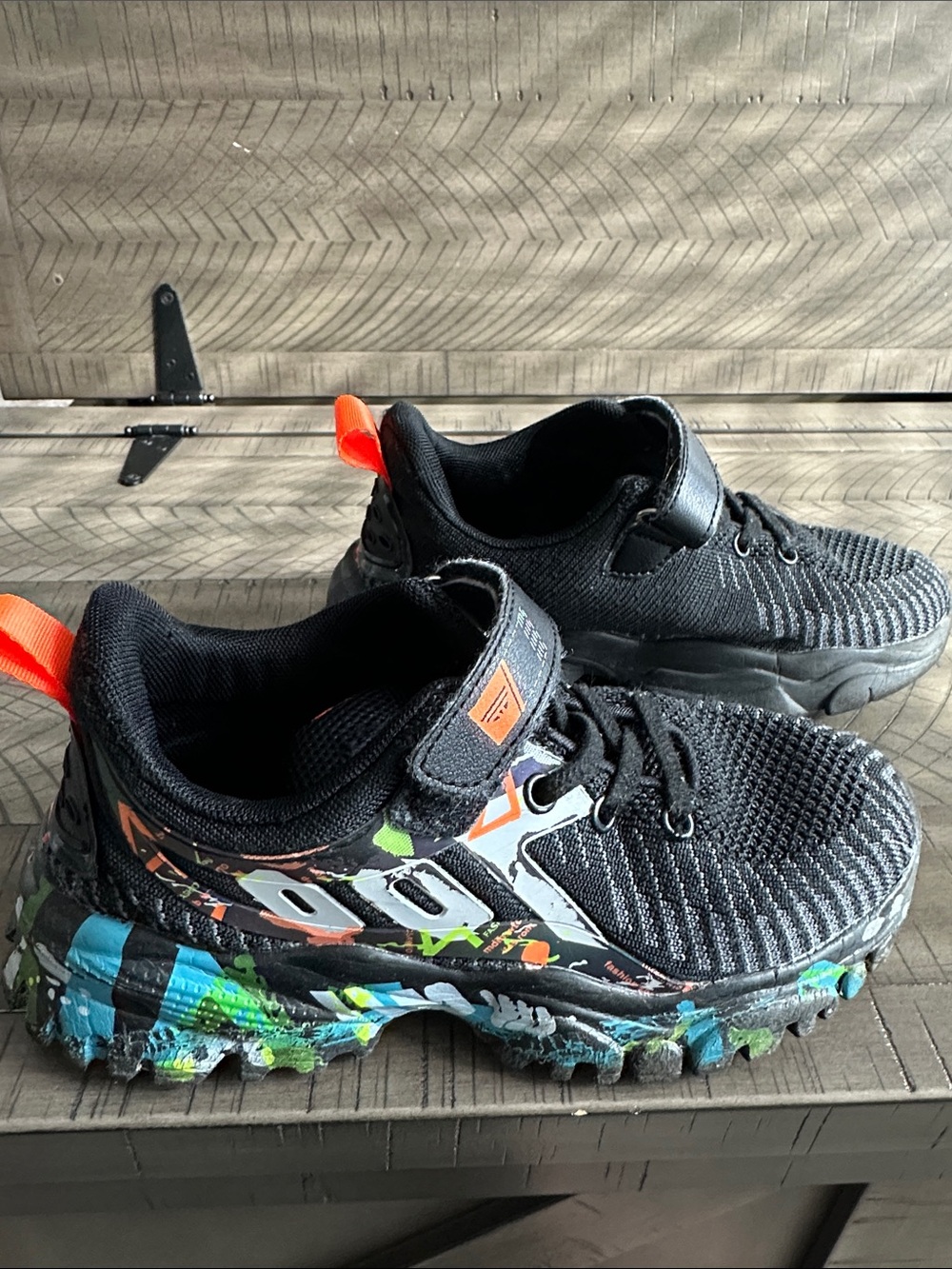 Black Kids Sneakers with Neon Orange Accents and Multicolor Chunky Sole Velcro